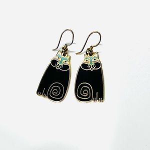Laurel Burch RARE vintage “Olivia” cat earrings in gold/turquoise/black enamel